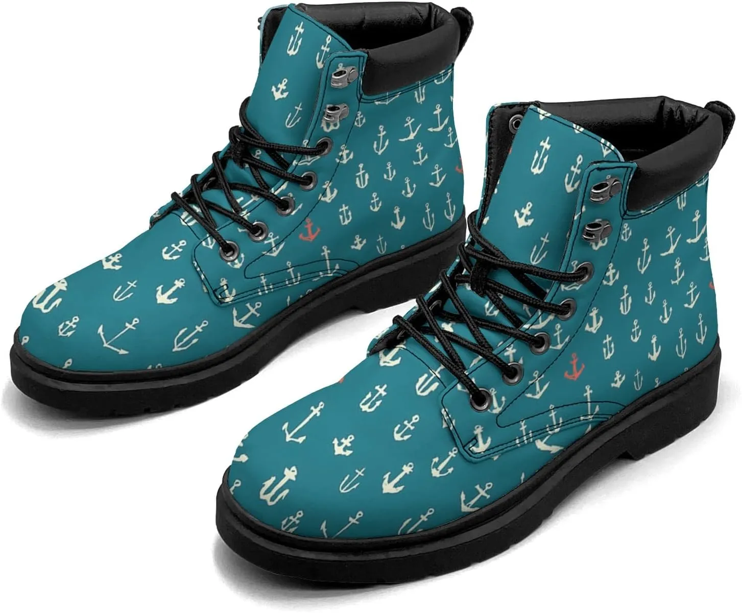 Pitovozu Navy Sea Anchor Sailboat Boots Womens Mens Snow Boots Ankle Anti-Slip Combat Boots Lace Up Waterproof Leather Boots Shoes Gifts for Women Men