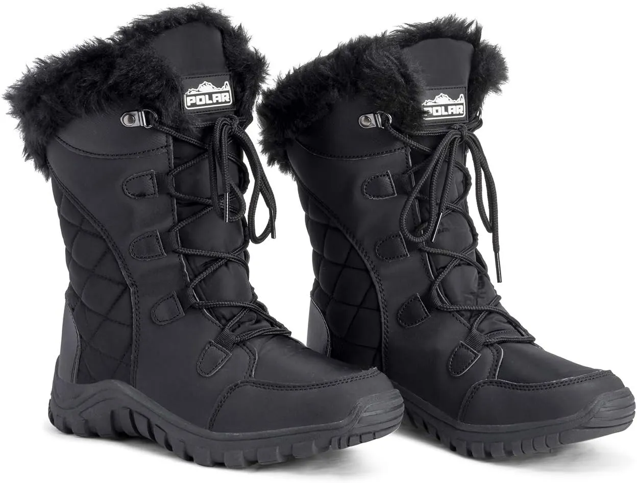 POLAR Womens Quilted Faux Fur Cuff Winter Duck Rubber Sole Durable Snow Rain Outdoor Boots