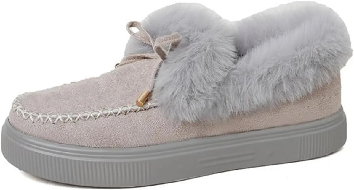 SACFOF Womens Winter Flat Boots Warm Durable Shoes With Fur Lined Fuzzy Ankle Snow Boots Platform Thick Plush Casual Loafers