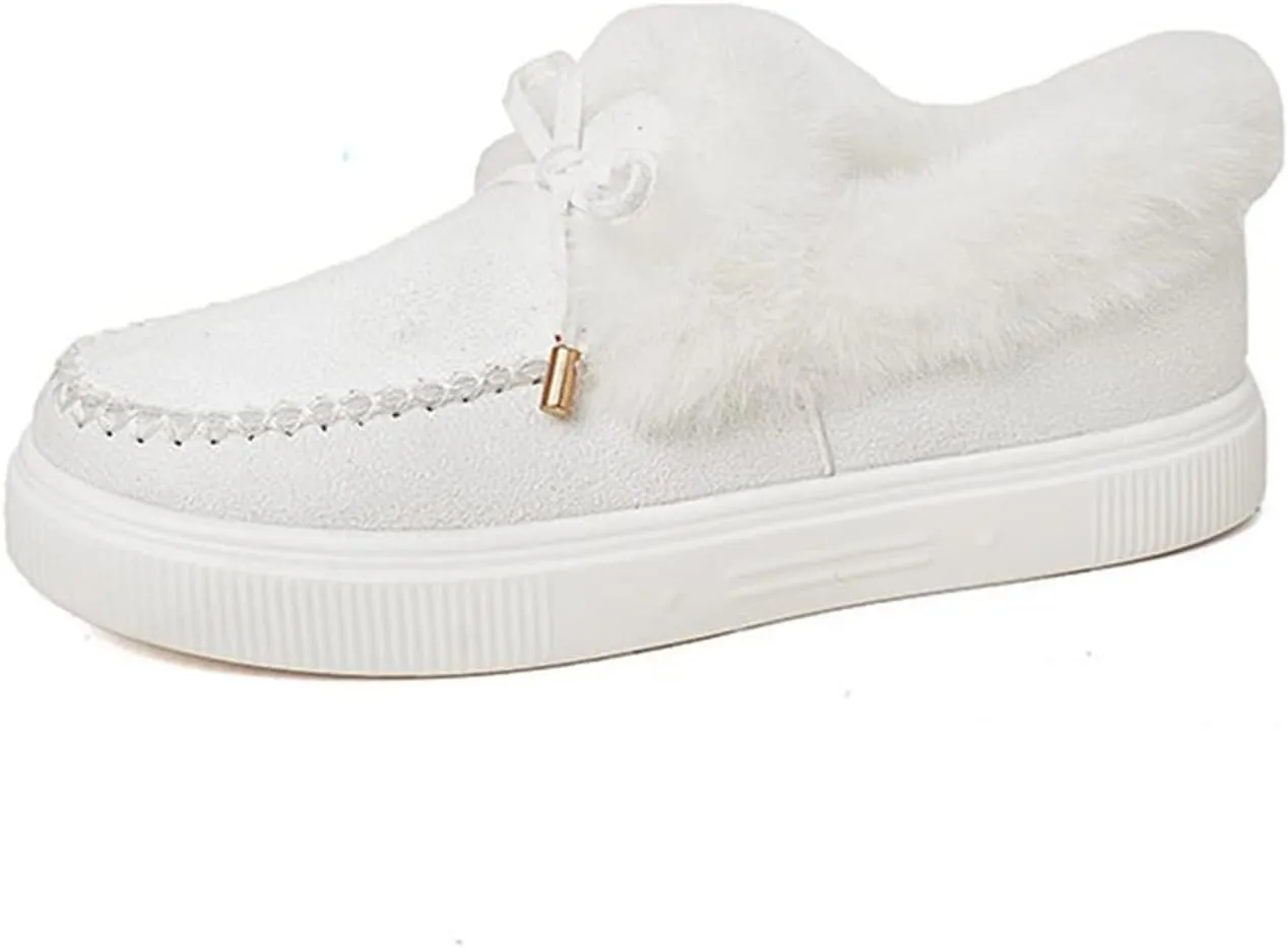 SACFOF Womens Winter Flat Boots Warm Durable Shoes With Fur Lined Fuzzy Ankle Snow Boots Platform Thick Plush Casual Loafers