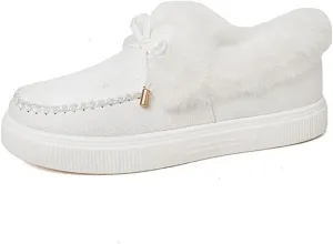 SACFOF Womens Winter Flat Boots Warm Durable Shoes With Fur Lined Fuzzy Ankle Snow Boots Platform Thick Plush Casual Loafers