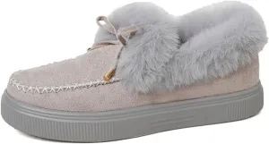 SACFOF Womens Winter Flat Boots Warm Durable Shoes With Fur Lined Fuzzy Ankle Snow Boots Platform Thick Plush Casual Loafers
