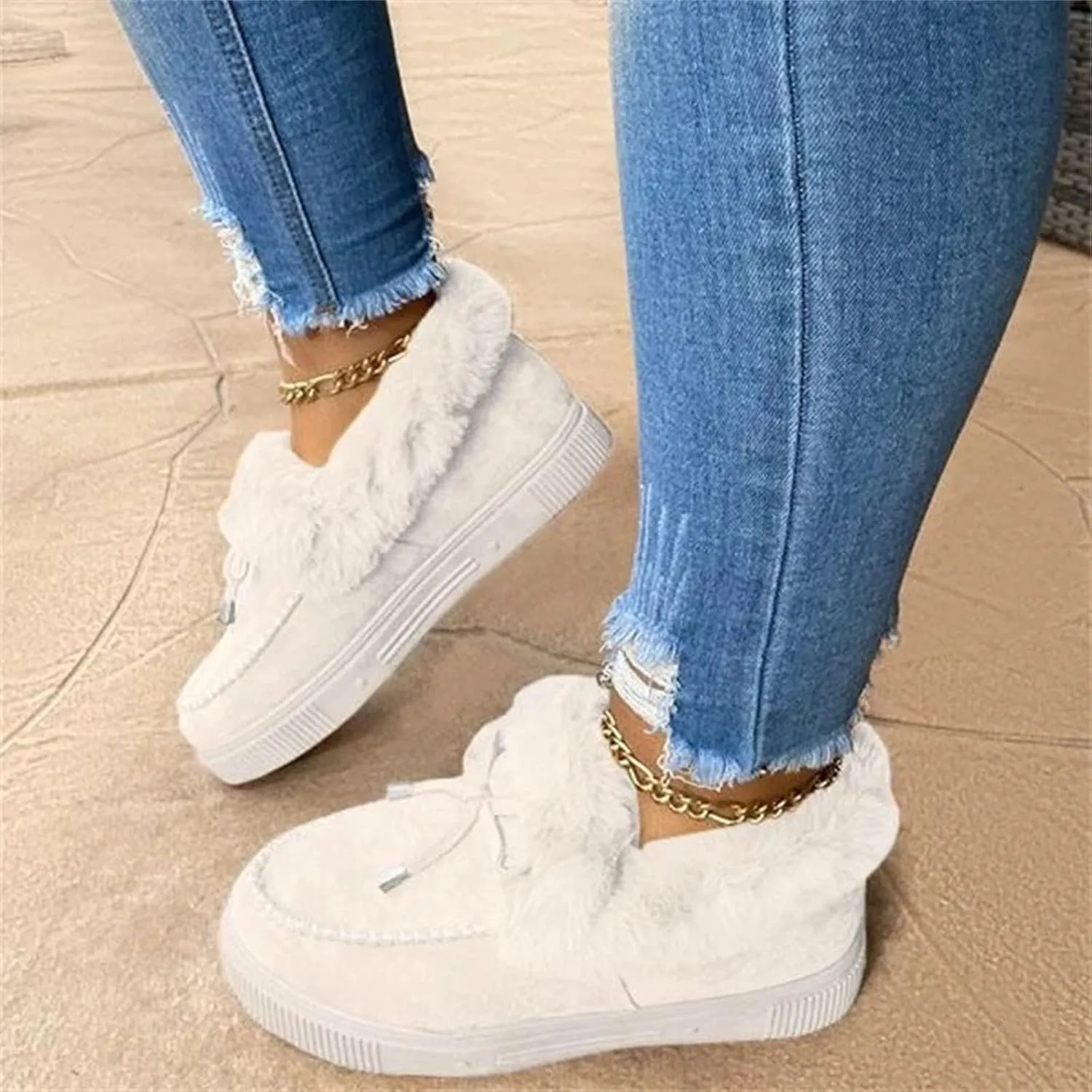 SACFOF Womens Winter Flat Boots Warm Durable Shoes With Fur Lined Fuzzy Ankle Snow Boots Platform Thick Plush Casual Loafers