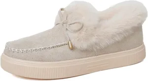 SACFOF Womens Winter Flat Boots Warm Durable Shoes With Fur Lined Fuzzy Ankle Snow Boots Platform Thick Plush Casual Loafers