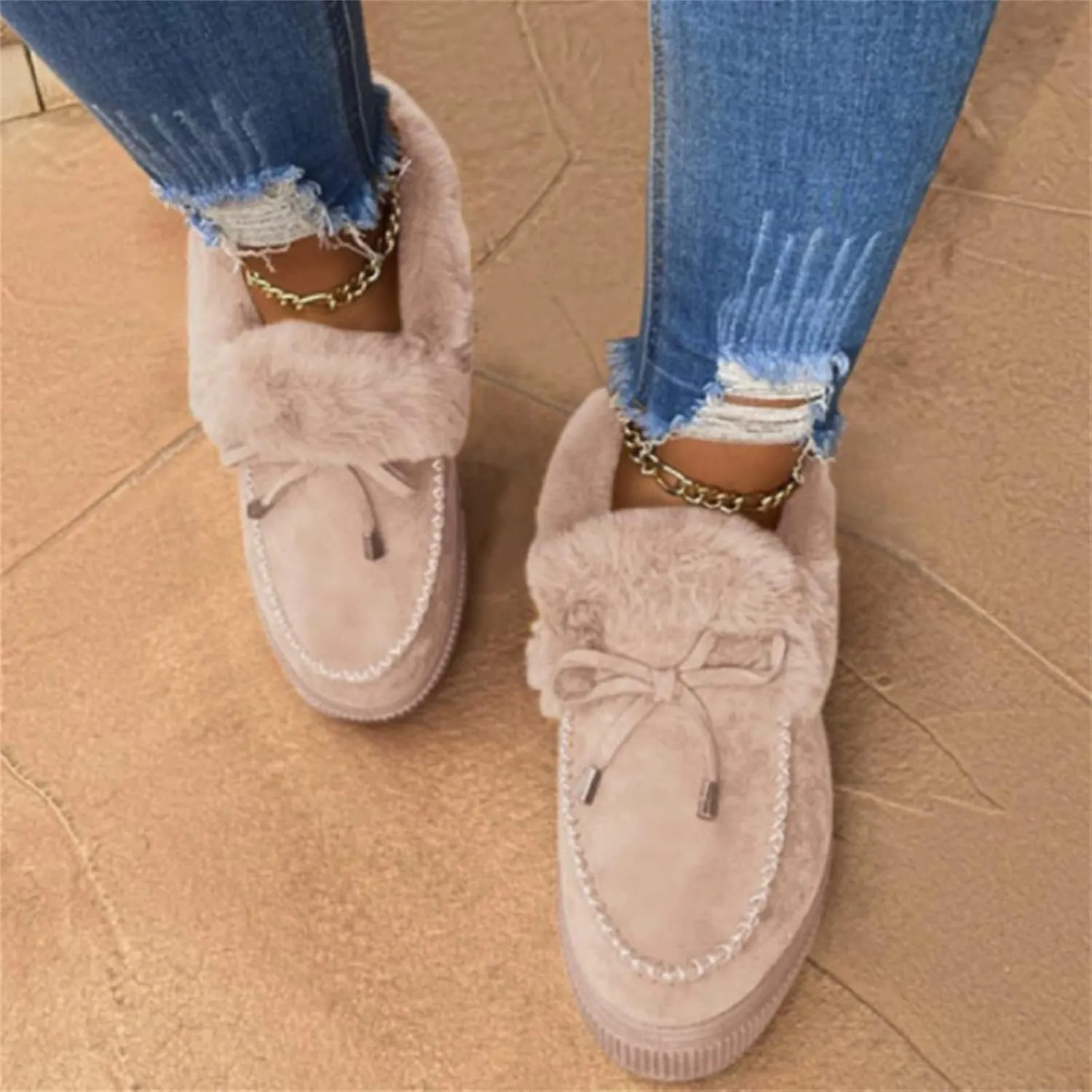 SACFOF Womens Winter Flat Boots Warm Durable Shoes With Fur Lined Fuzzy Ankle Snow Boots Platform Thick Plush Casual Loafers