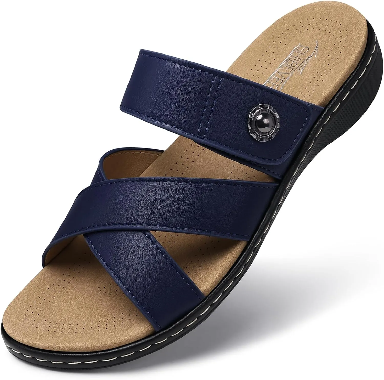 SHIBEVER Women Slides Summer Sandals: Comfortable Walking - Navy Blue Slip on Flat Sandals Dressy - Arch Support Sandal Open Toe Size 7