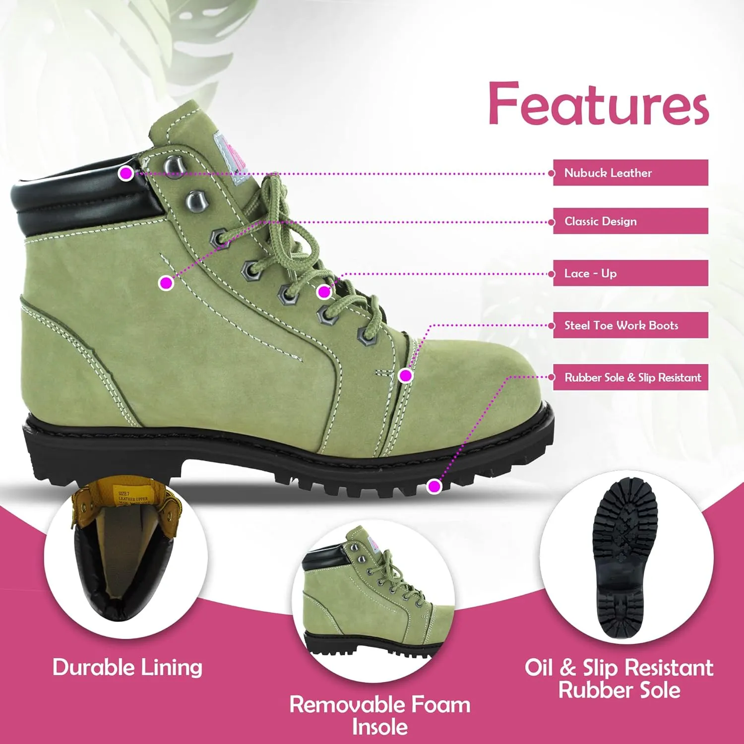 Steel Toe Boots for Women - Moss - 7.5M | Waterproof Women's Fusion Work Boots | Leather Work Boots | Rugged Goodyear Welt Construction | Oil Resistant Outsoles & Cushioned Insoles