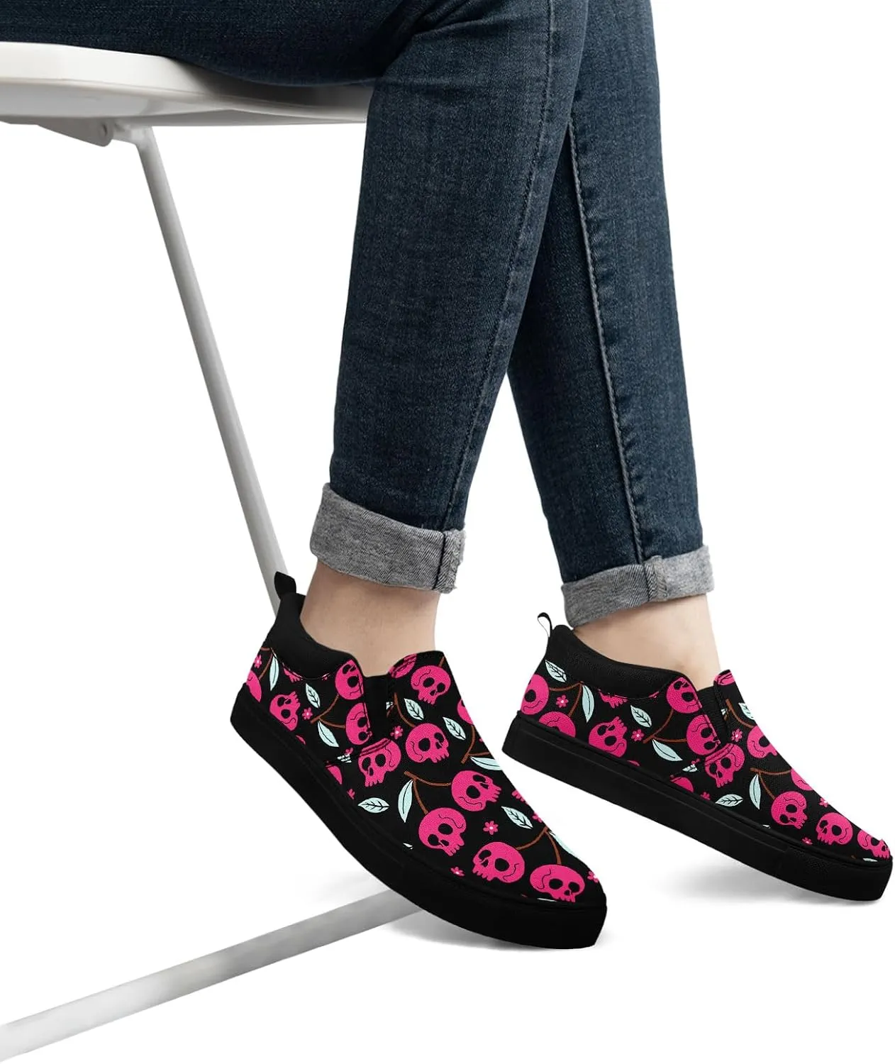 Stylish Skull Flower Slip-On Canvas Shoes for Men Women Unisex Trendy Comfortable Flat Sneaker Lightweight Footwear