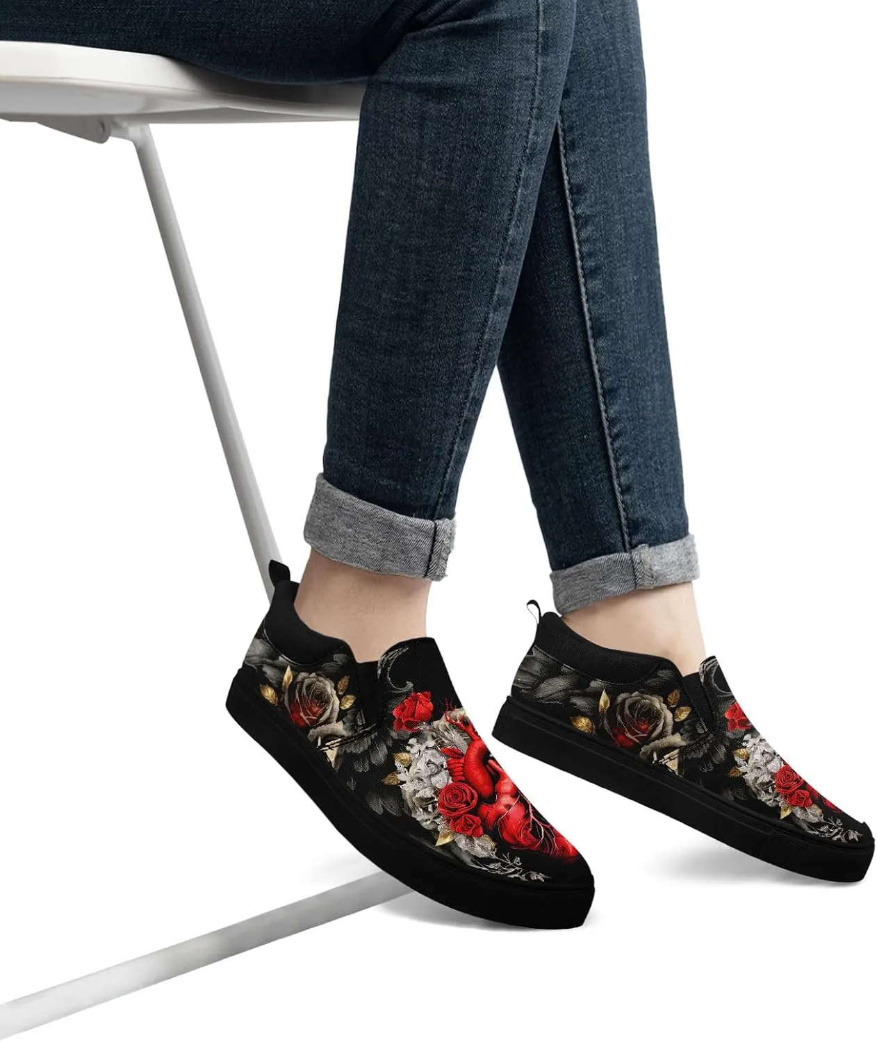 Stylish Skull Flower Slip-On Canvas Shoes for Men Women Unisex Trendy Comfortable Flat Sneaker Lightweight Footwear