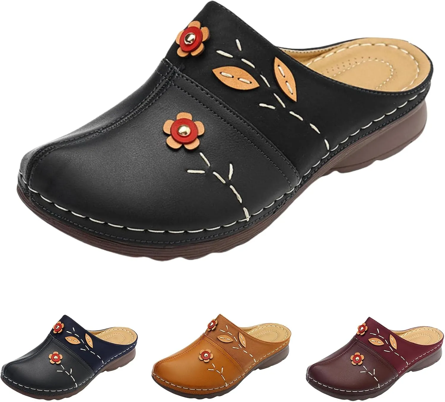 Summer Mules for Women Comfortable Slip-On Closed Toe Clog Breathable Walking Orthopedic Slippers Fashion Arch Support Orthotic Sandals Dressy lightweight Backless Shoes with Flowers
