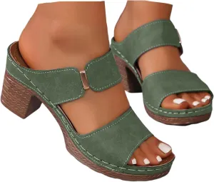 Summer Sandals for Women 2025 Chic Chunky Mid Heel Walking Retro Platform Sandals Open Toe Fish Mouth High Heel Sandals Vintage Non Slip Solid Color Slip On Outdoor Shoes