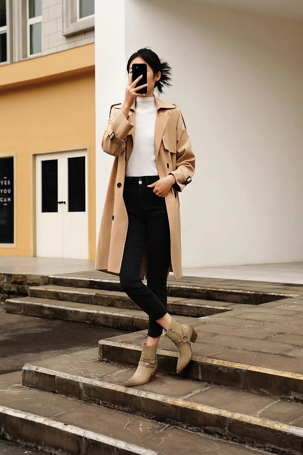 TAEPUSR Cowboy Ankle Boots for Women, Motorcycle Boots for Riding Western Biker Boots, Chunky Block Heel Punk Rock Boots with Removable Harness Chain Strap
