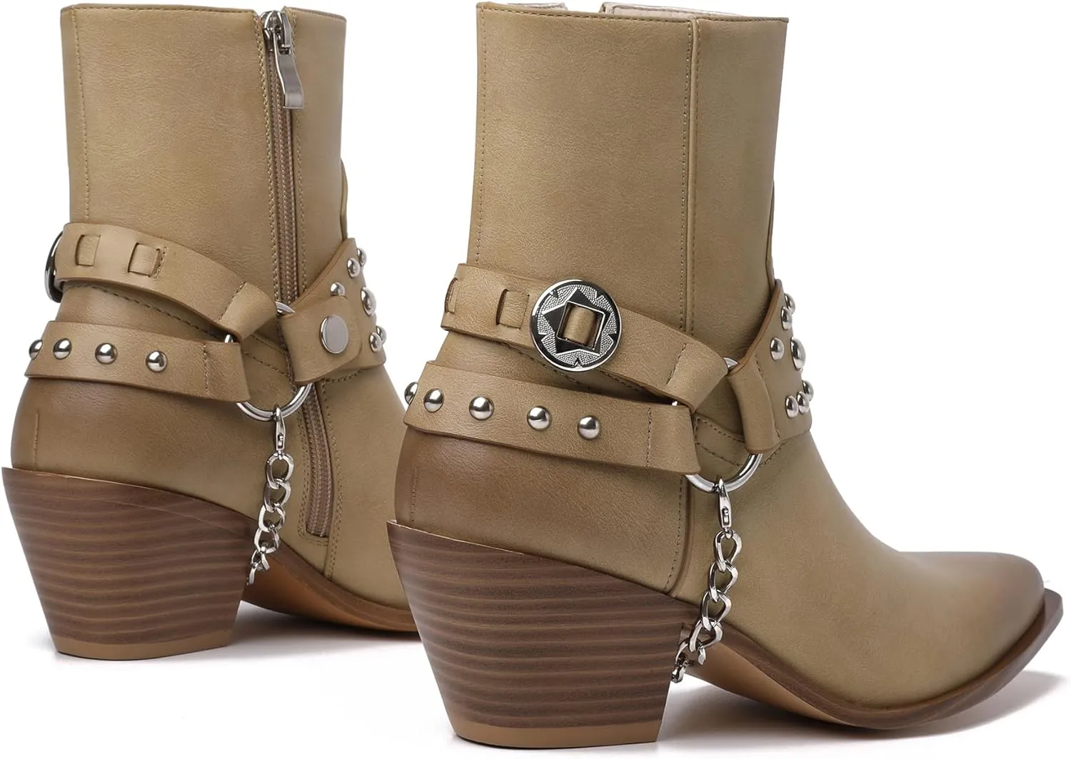 TAEPUSR Cowboy Ankle Boots for Women, Motorcycle Boots for Riding Western Biker Boots, Chunky Block Heel Punk Rock Boots with Removable Harness Chain Strap