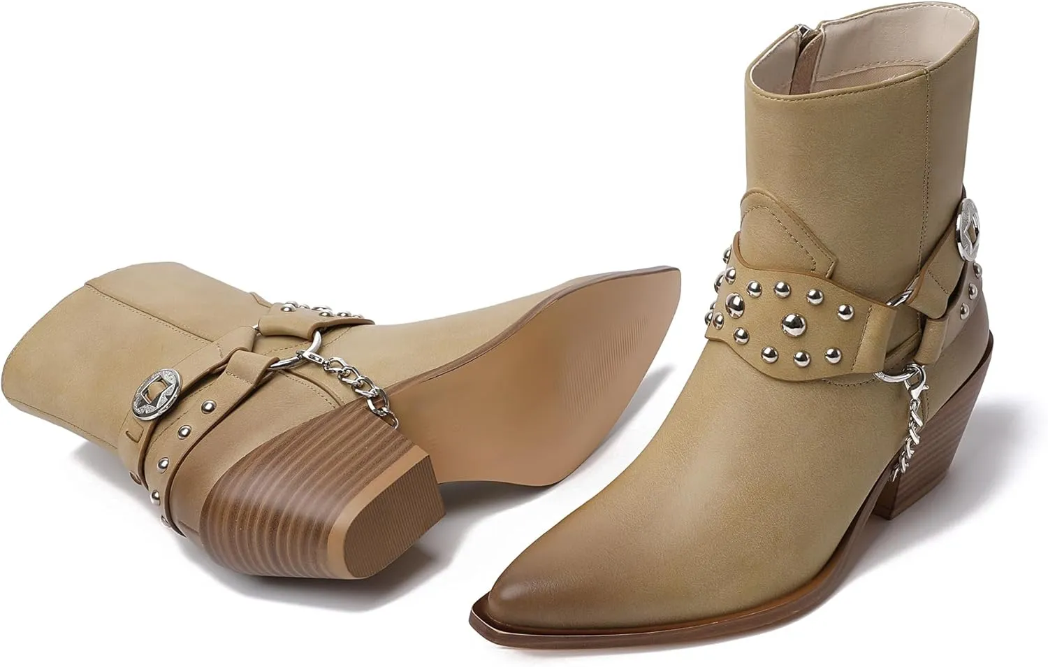 TAEPUSR Cowboy Ankle Boots for Women, Motorcycle Boots for Riding Western Biker Boots, Chunky Block Heel Punk Rock Boots with Removable Harness Chain Strap