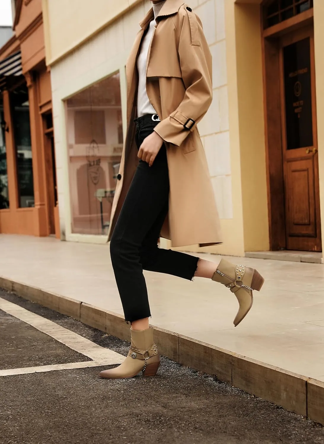 TAEPUSR Cowboy Ankle Boots for Women, Motorcycle Boots for Riding Western Biker Boots, Chunky Block Heel Punk Rock Boots with Removable Harness Chain Strap