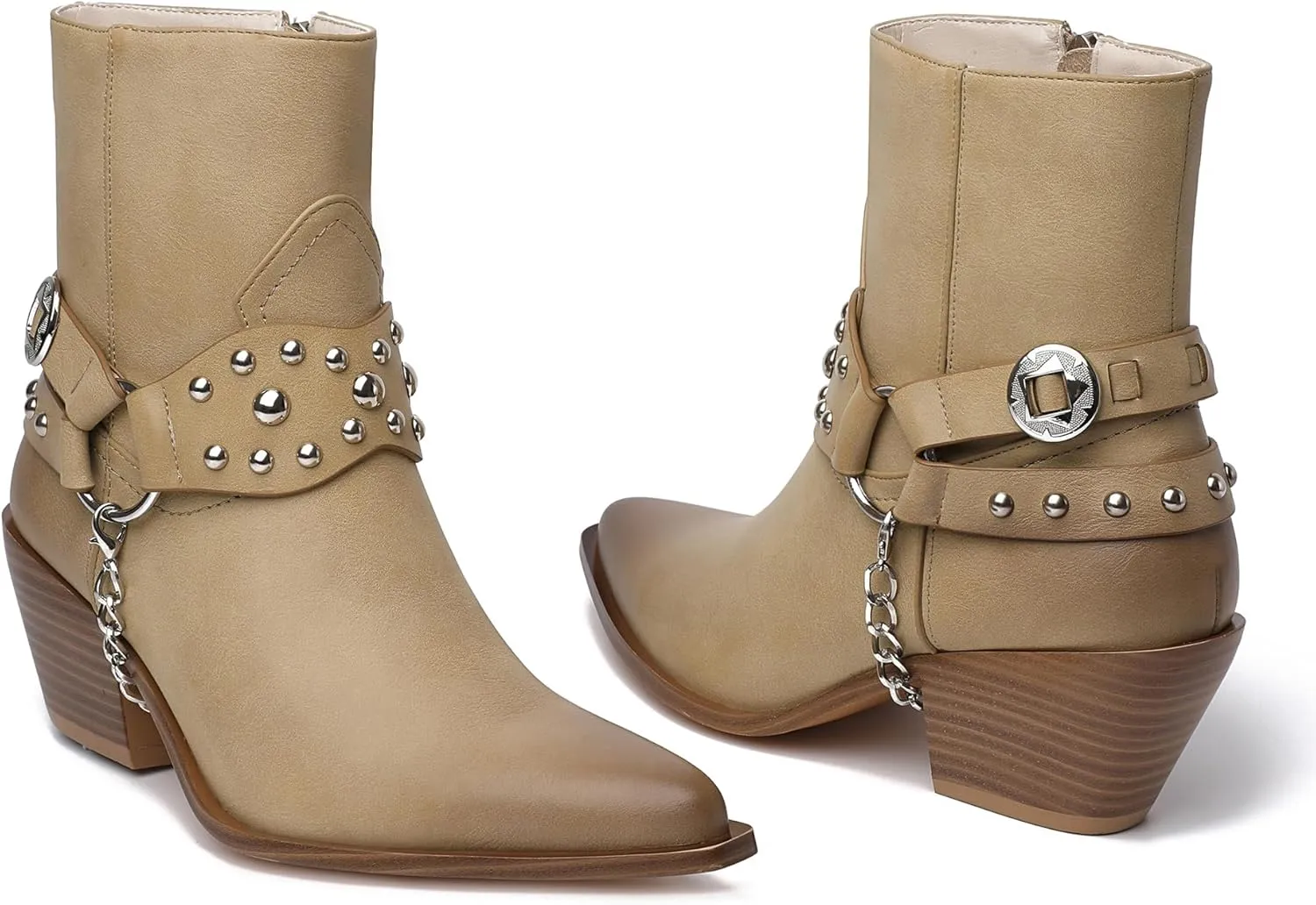 TAEPUSR Cowboy Ankle Boots for Women, Motorcycle Boots for Riding Western Biker Boots, Chunky Block Heel Punk Rock Boots with Removable Harness Chain Strap