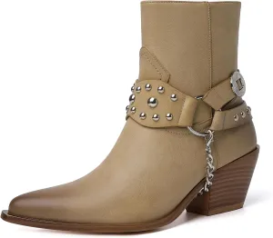 TAEPUSR Cowboy Ankle Boots for Women, Motorcycle Boots for Riding Western Biker Boots, Chunky Block Heel Punk Rock Boots with Removable Harness Chain Strap