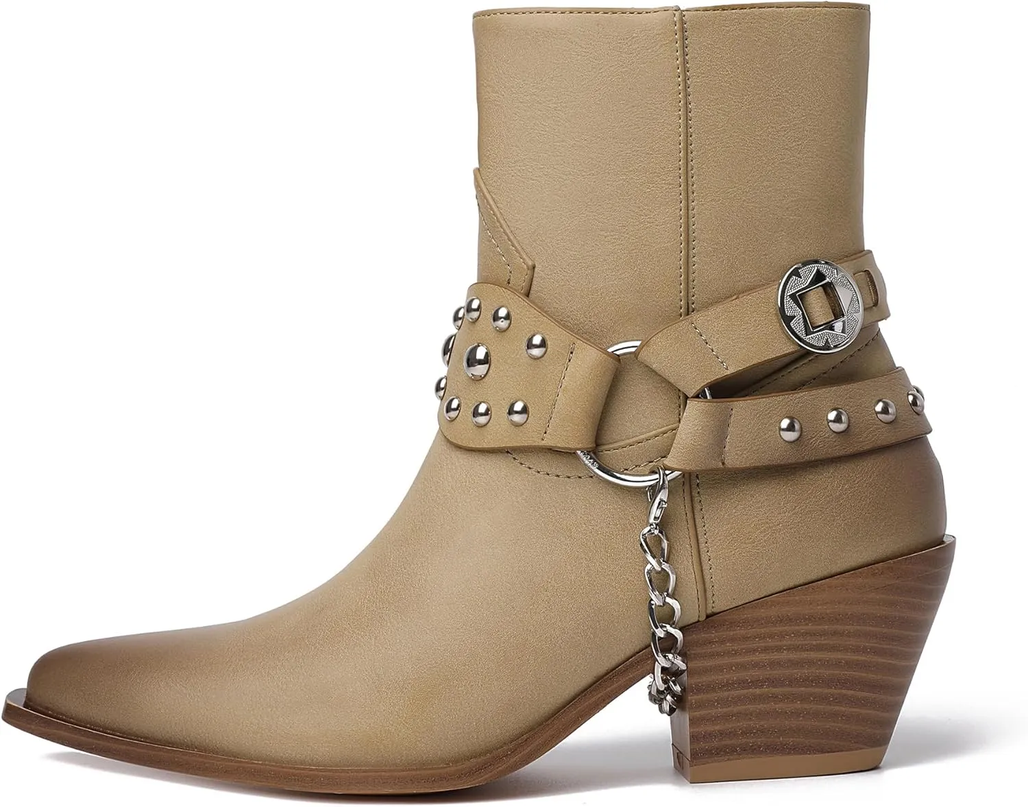 TAEPUSR Cowboy Ankle Boots for Women, Motorcycle Boots for Riding Western Biker Boots, Chunky Block Heel Punk Rock Boots with Removable Harness Chain Strap