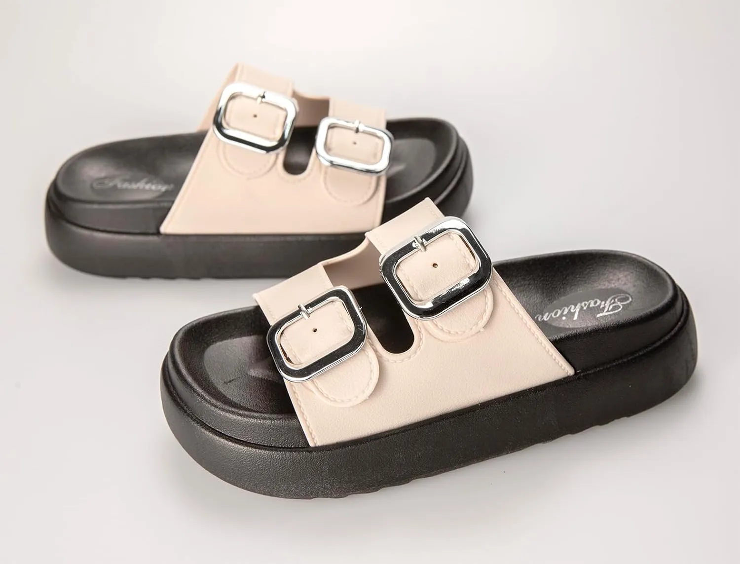 TOCONFFON Women's Fashion Slides Double Buckle Adjustable Platform Sandals Indoor Outdoor Slippers