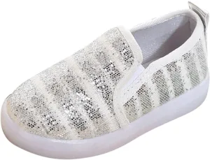 Toddler Girls Boys Canvas Shoes Slip On Sneakers Light Up Shoes Casual Lazy Loafers for Infant Toddler LED Flat Sneaker (Silver, 3 Years)