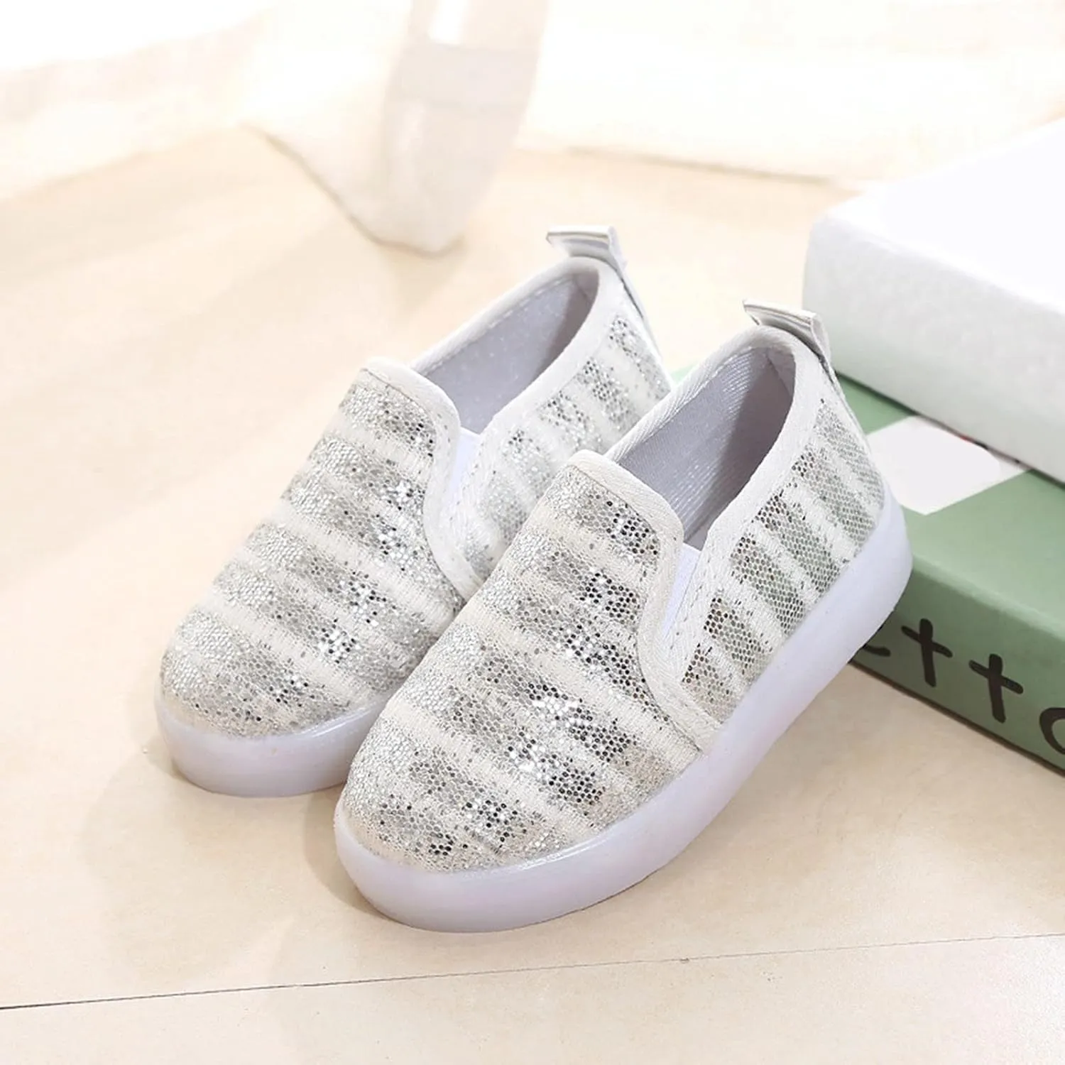 Toddler Girls Boys Canvas Shoes Slip On Sneakers Light Up Shoes Casual Lazy Loafers for Infant Toddler LED Flat Sneaker (Silver, 3 Years)