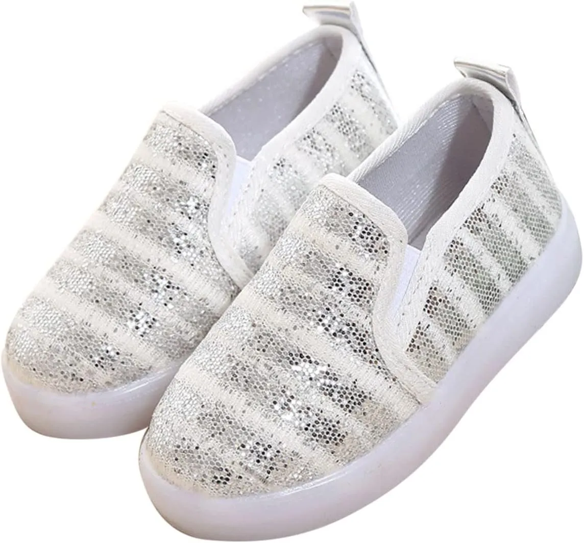 Toddler Girls Boys Canvas Shoes Slip On Sneakers Light Up Shoes Casual Lazy Loafers for Infant Toddler LED Flat Sneaker (Silver, 3 Years)