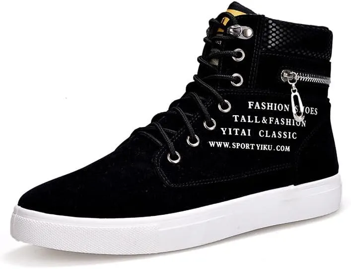 Trendy British Style High-top Canvas Sneakers for Men - Lace-up Design, Casual and All-Match, with Zipper Decoration