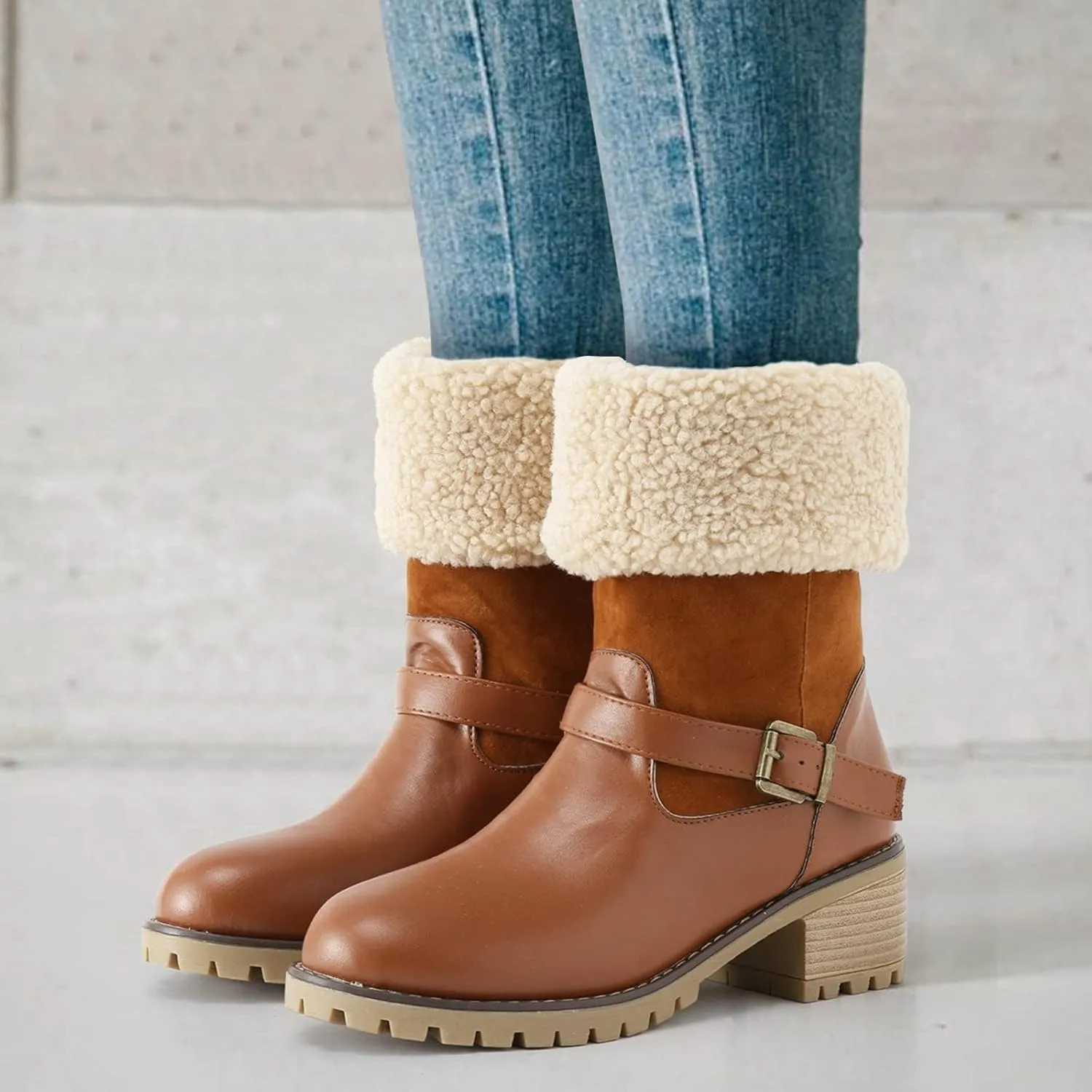 Winter Boots for Women Faux Fur Lined Snow Fuzzy Ankle Booties Womens Snow Boots Waterproof Insulated High Heel Boot Fashion Slip On Warm Shoes