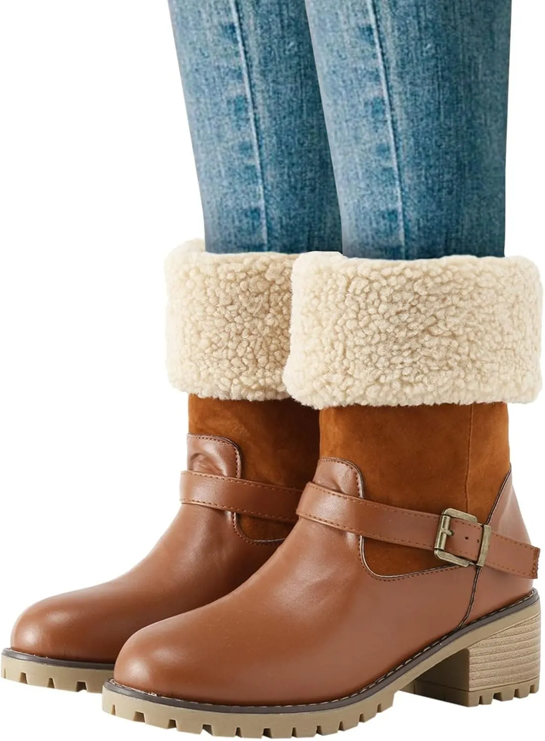 Winter Boots for Women Faux Fur Lined Snow Fuzzy Ankle Booties Womens Snow Boots Waterproof Insulated High Heel Boot Fashion Slip On Warm Shoes