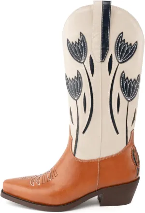 WIRALOMI Cowboy Boots for Women, Floral Mid Calf Women Western Boots Low Chunky Heels, Women's Embroidered Cowgirl Boots with Pointed Toe