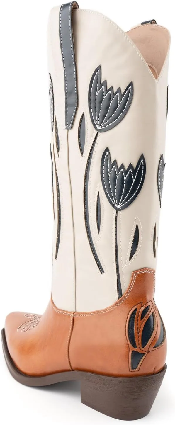 WIRALOMI Cowboy Boots for Women, Floral Mid Calf Women Western Boots Low Chunky Heels, Women's Embroidered Cowgirl Boots with Pointed Toe