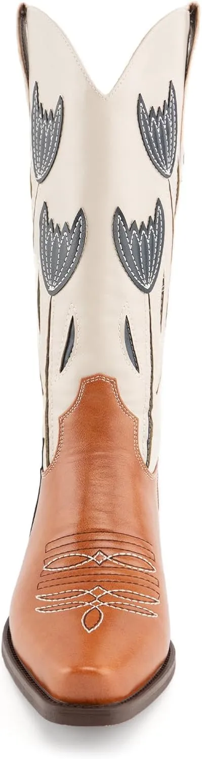 WIRALOMI Cowboy Boots for Women, Floral Mid Calf Women Western Boots Low Chunky Heels, Women's Embroidered Cowgirl Boots with Pointed Toe