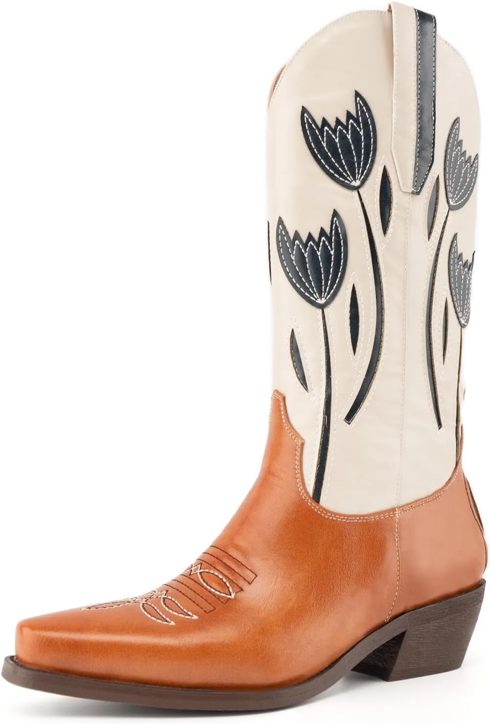 WIRALOMI Cowboy Boots for Women, Floral Mid Calf Women Western Boots Low Chunky Heels, Women's Embroidered Cowgirl Boots with Pointed Toe