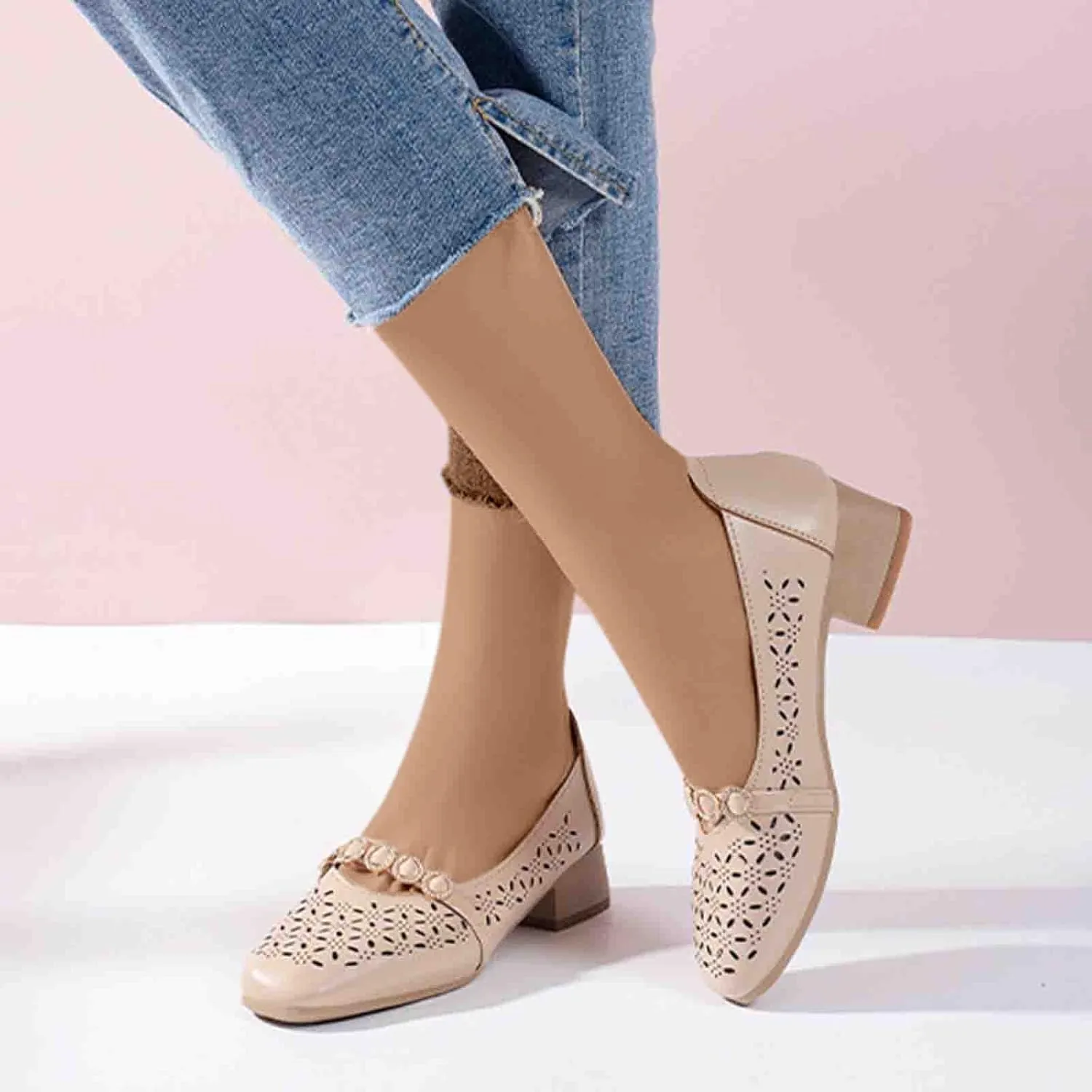 Women Chunky Heel Loafers Comfort Hollow Out Breathable Slip on Flats Summer Casual Flat Single Shoes 2025 New