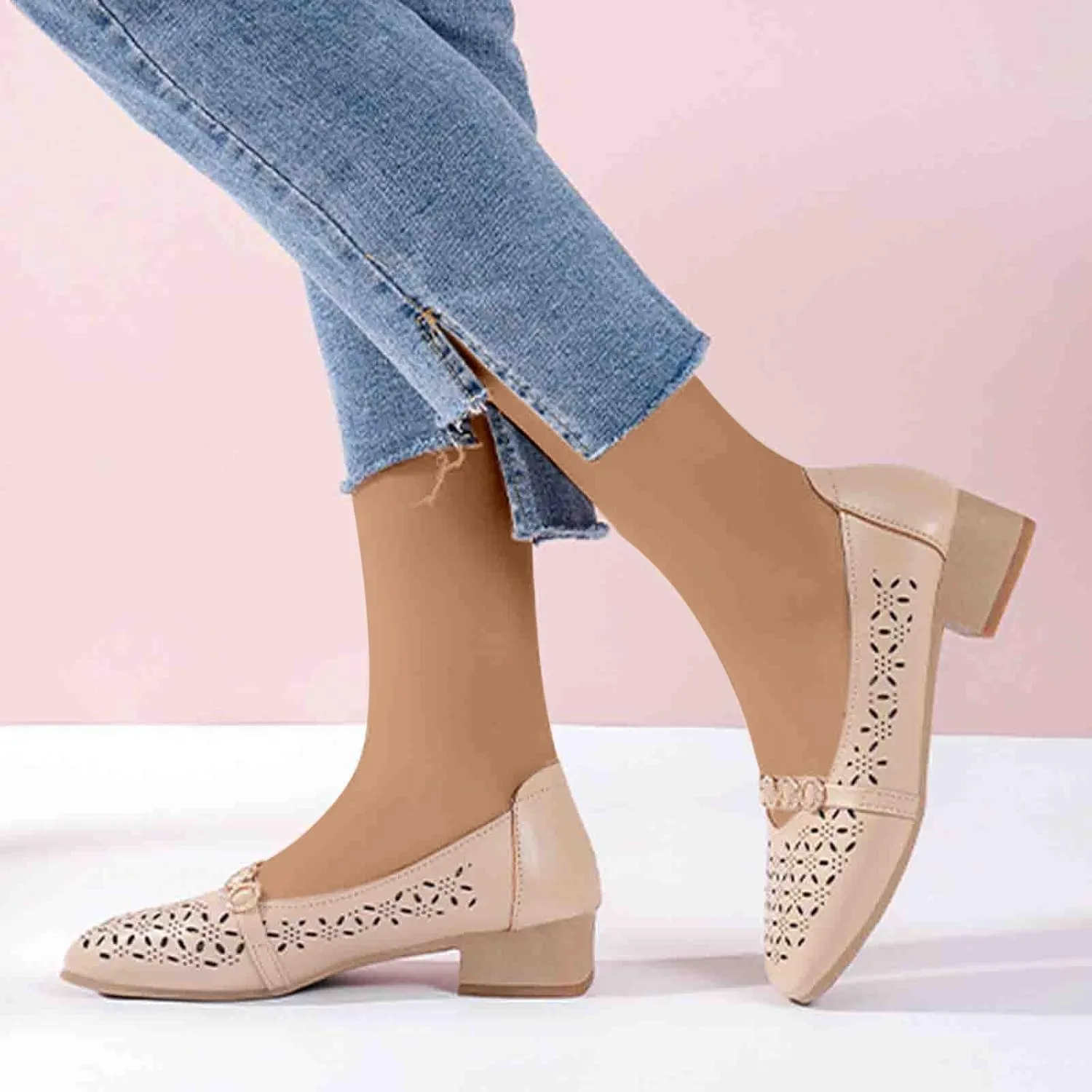 Women Chunky Heel Loafers Comfort Hollow Out Breathable Slip on Flats Summer Casual Flat Single Shoes 2025 New