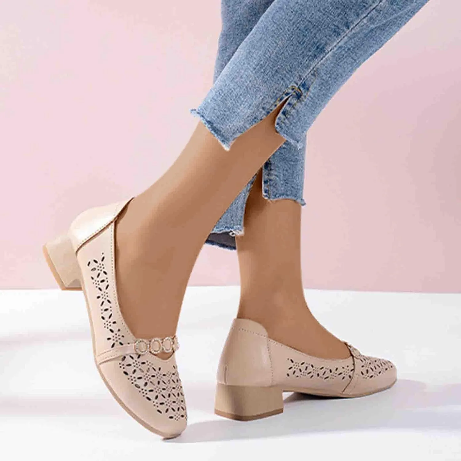 Women Chunky Heel Loafers Comfort Hollow Out Breathable Slip on Flats Summer Casual Flat Single Shoes 2025 New