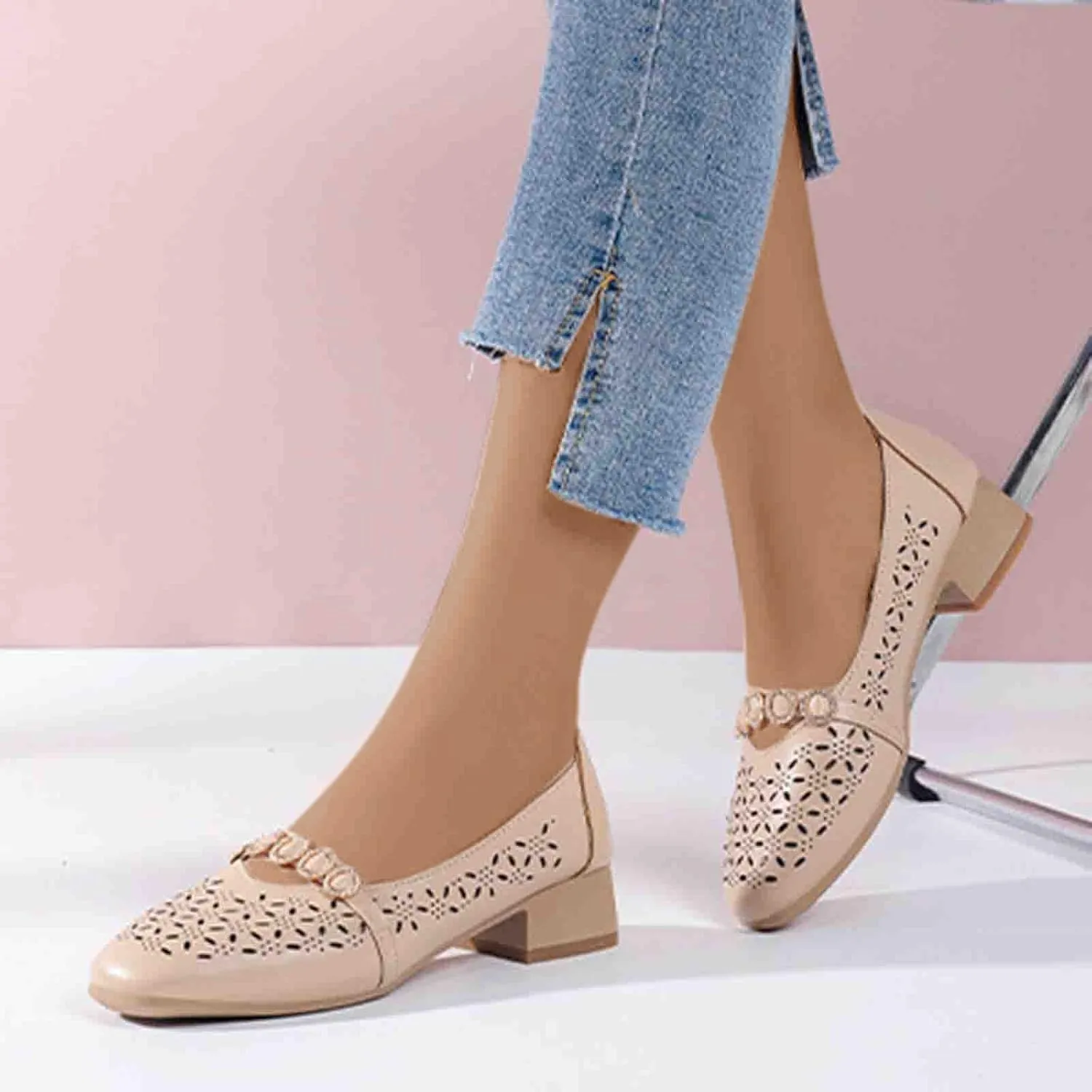 Women Chunky Heel Loafers Comfort Hollow Out Breathable Slip on Flats Summer Casual Flat Single Shoes 2025 New