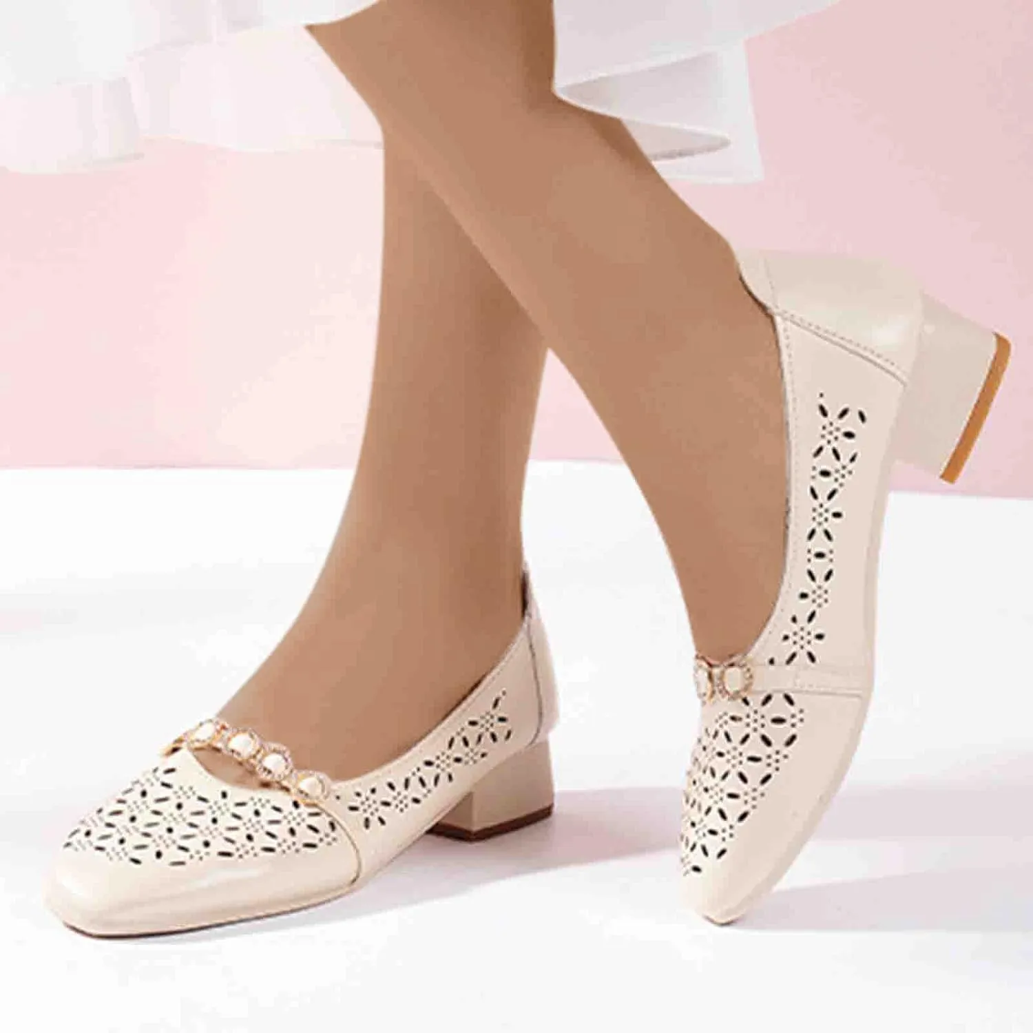 Women Chunky Heel Loafers Comfort Hollow Out Breathable Slip on Flats Summer Casual Flat Single Shoes 2025 New