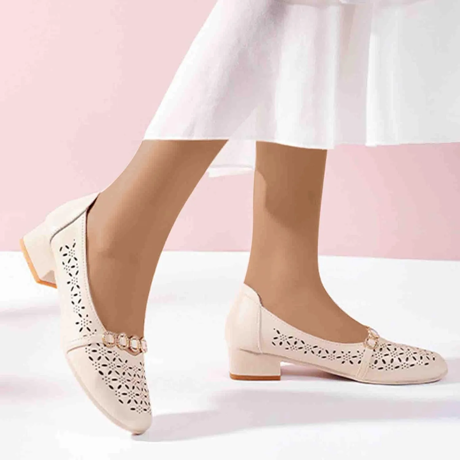 Women Chunky Heel Loafers Comfort Hollow Out Breathable Slip on Flats Summer Casual Flat Single Shoes 2025 New