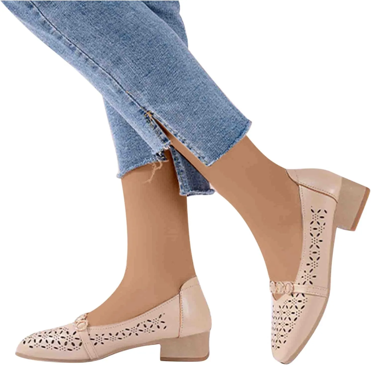 Women Chunky Heel Loafers Comfort Hollow Out Breathable Slip on Flats Summer Casual Flat Single Shoes 2025 New