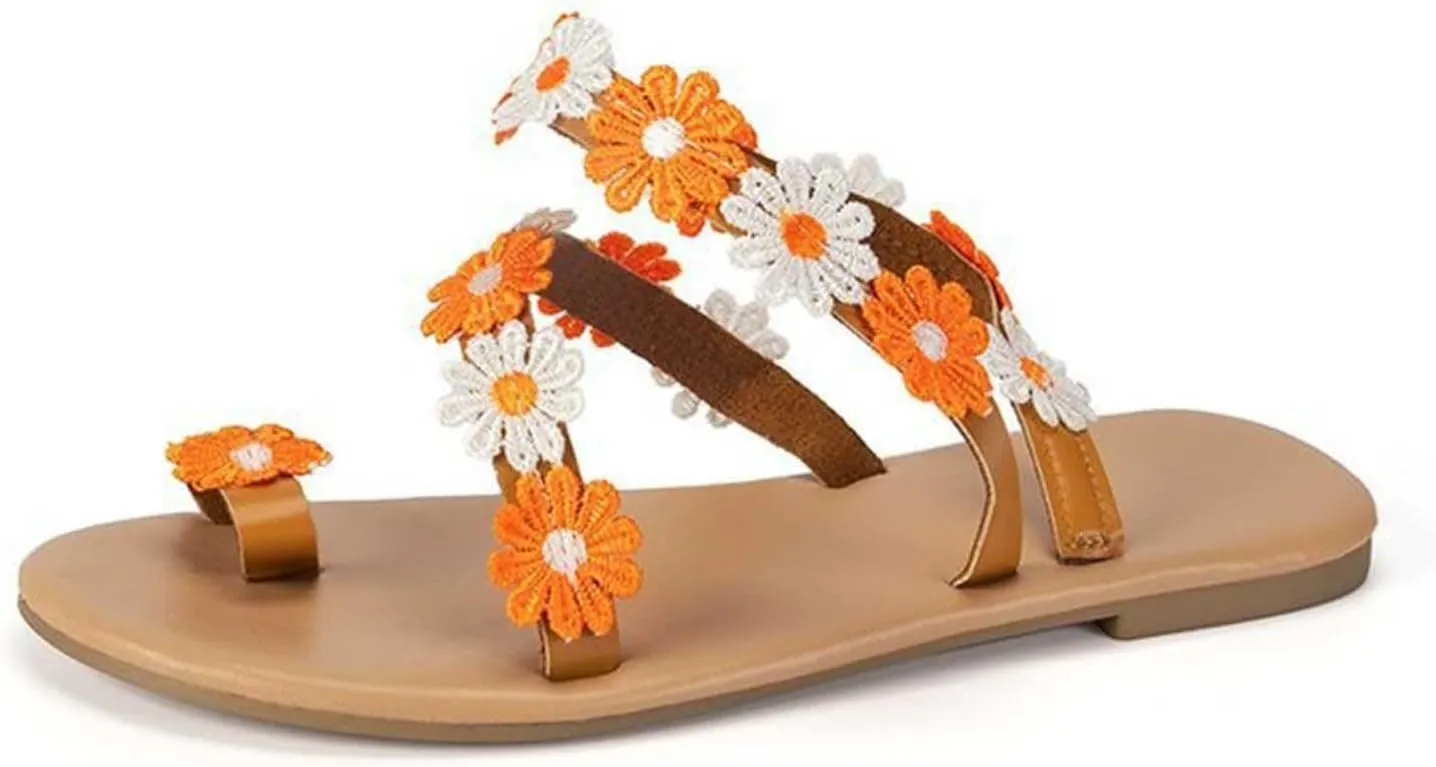 Women Ethnic Flower Beach Sandals Vintage Bohemian Flats Strappy Toe Ring Flat Sandal Comfort Lightweight Shoes