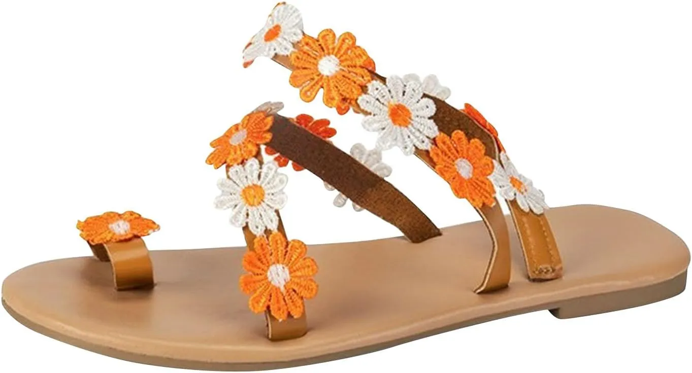 Women Ethnic Flower Beach Sandals Vintage Bohemian Flats Strappy Toe Ring Flat Sandal Comfort Lightweight Shoes