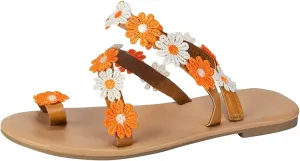 Women Ethnic Flower Beach Sandals Vintage Bohemian Flats Strappy Toe Ring Flat Sandal Comfort Lightweight Shoes