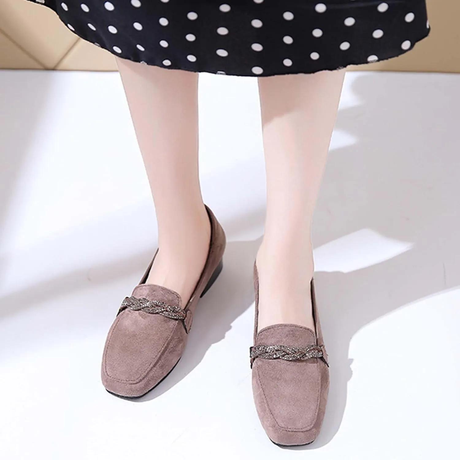 Women Slip on Flat Loafers Comfort Shallow Flats Rhinestone Chain Suede Low Heel Single Shoes Work Office Shoe