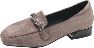 Women Slip on Flat Loafers Comfort Shallow Flats Rhinestone Chain Suede Low Heel Single Shoes Work Office Shoe