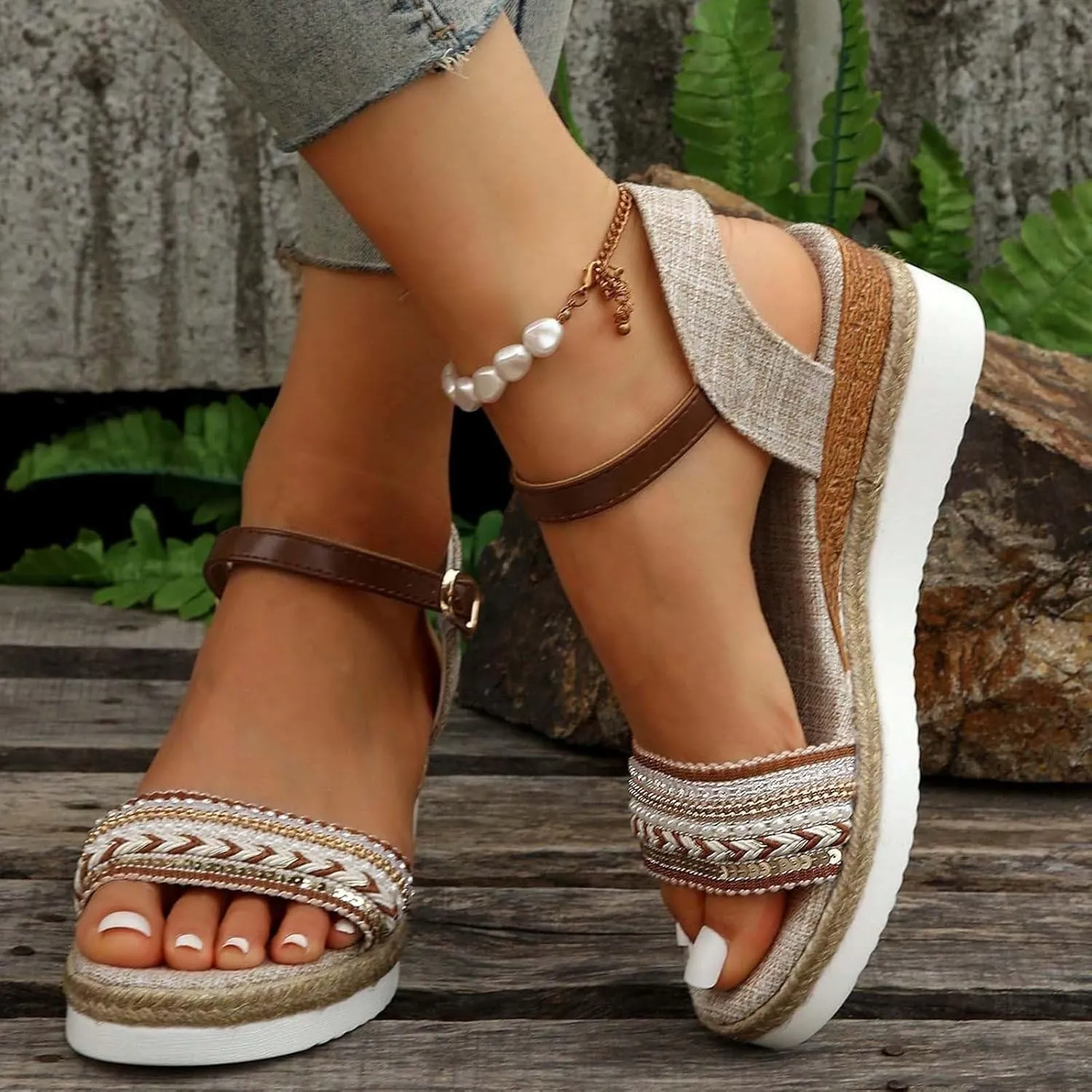 Women's Bohemian Thick Strappy Sandal Hook and Eye Summer Wedge Shoe Open Toe Casual Beach High Heel Elegant Sandals