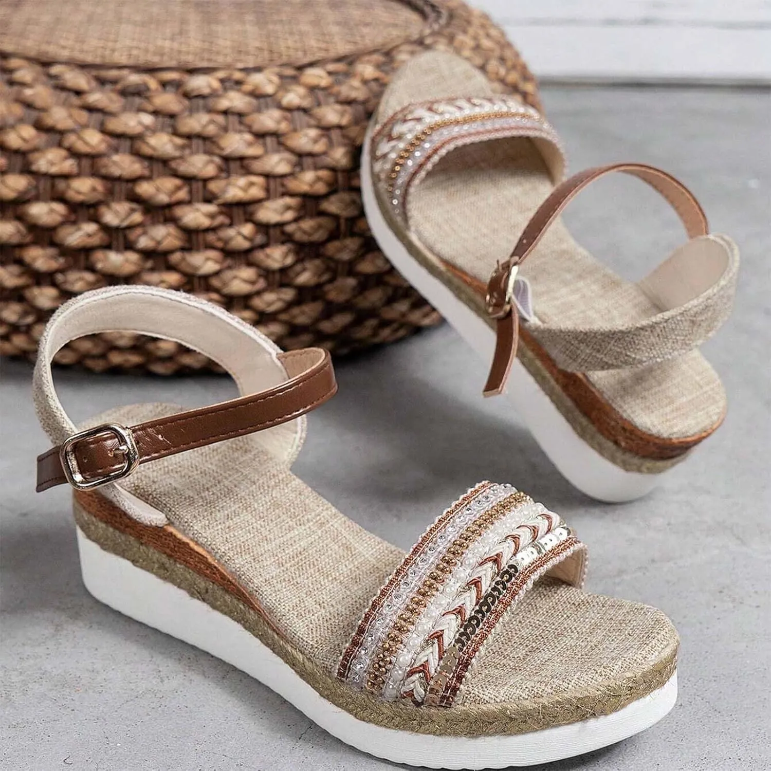 Women's Bohemian Thick Strappy Sandal Hook and Eye Summer Wedge Shoe Open Toe Casual Beach High Heel Elegant Sandals