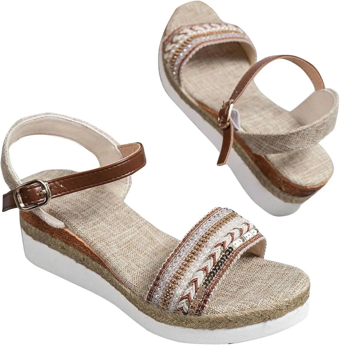 Women's Bohemian Thick Strappy Sandal Hook and Eye Summer Wedge Shoe Open Toe Casual Beach High Heel Elegant Sandals