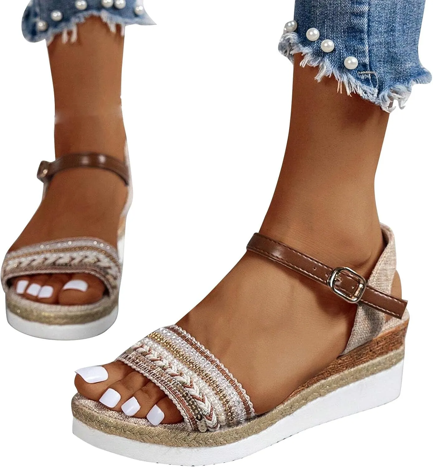 Women's Bohemian Thick Strappy Sandal Hook and Eye Summer Wedge Shoe Open Toe Casual Beach High Heel Elegant Sandals