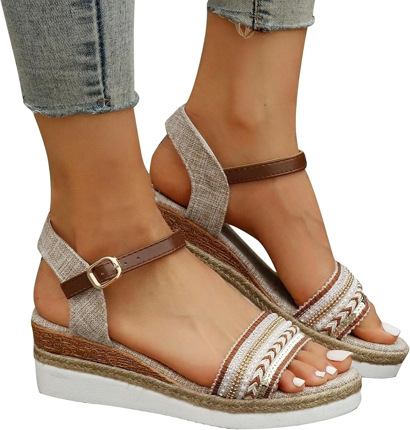 Women's Bohemian Thick Strappy Sandal Hook and Eye Summer Wedge Shoe Open Toe Casual Beach High Heel Elegant Sandals